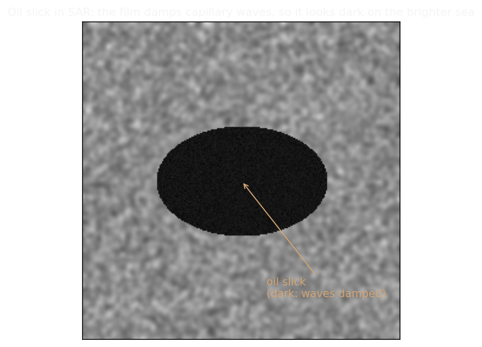 A dark oil-slick patch on a brighter wind-roughened SAR sea